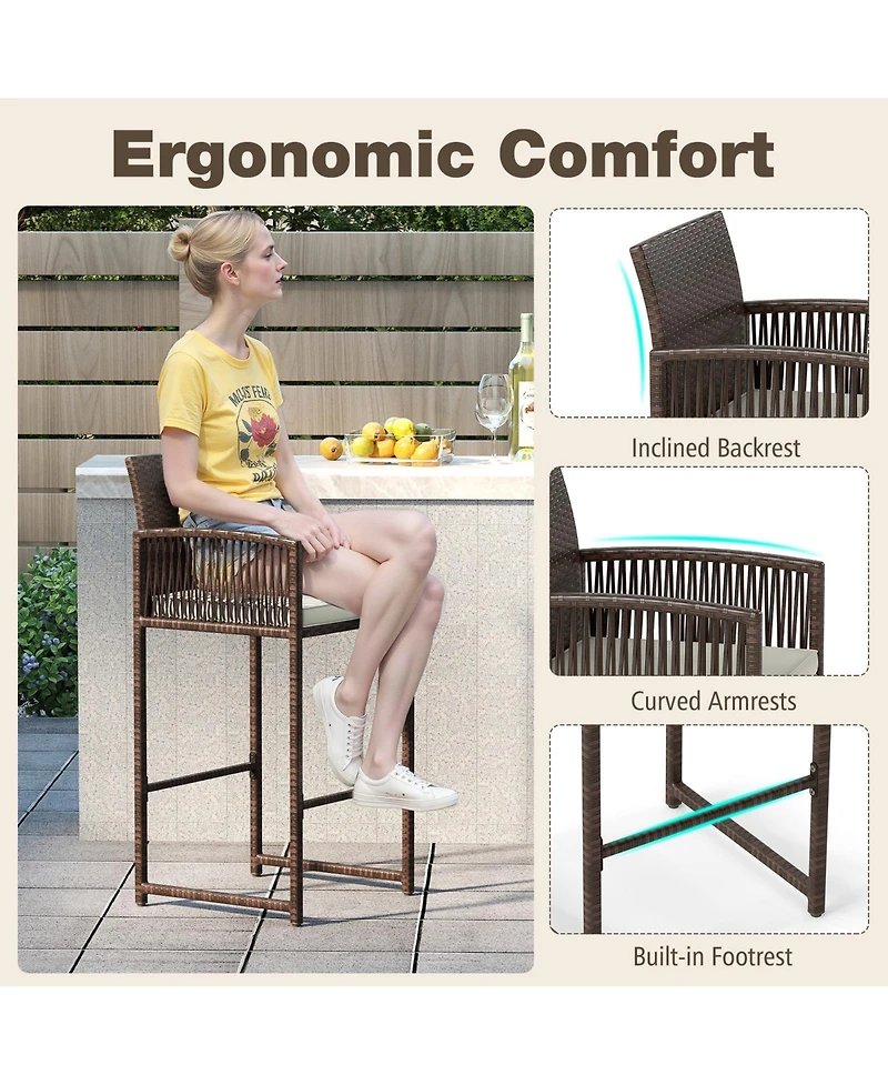 Gouun Outdoor Pe Wicker Bar Height Stools Set of 2 with Removable Cushions