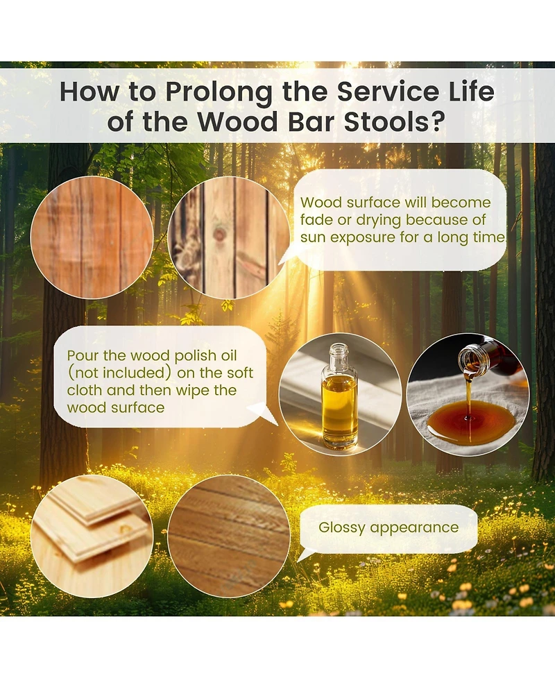 Gouun 18-Inch Wood Bar Stools Set of 2 with Round Seat and Footrest