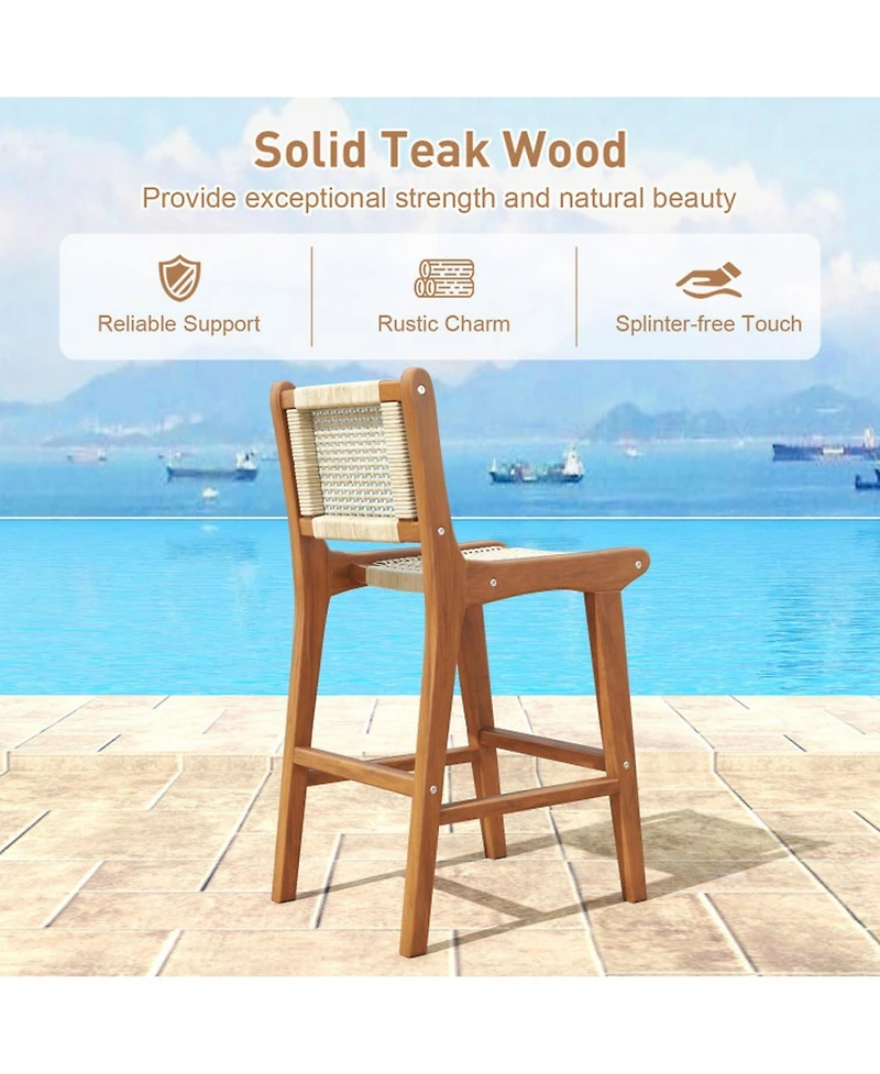 Gouun Counter Height Wicker Stool with Teak Wood Frame and Contoured Backrest