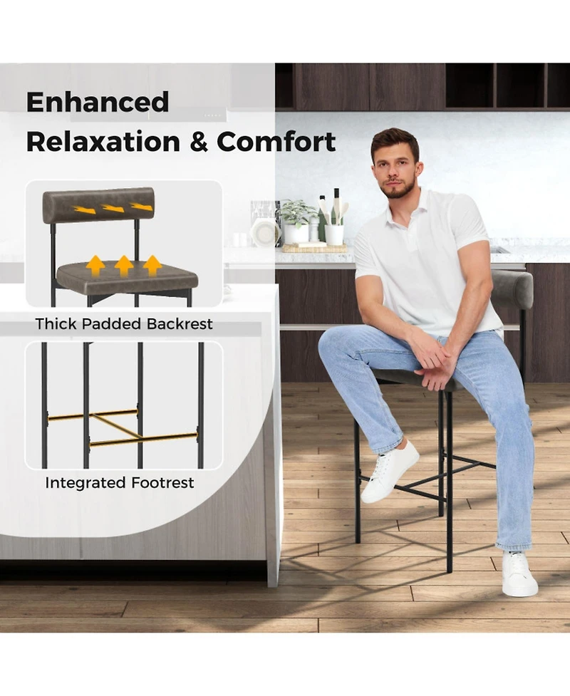 Gouun Upholstered Counter Height Bar Stool Set of 2 with Padded Backrest and Metal Frame