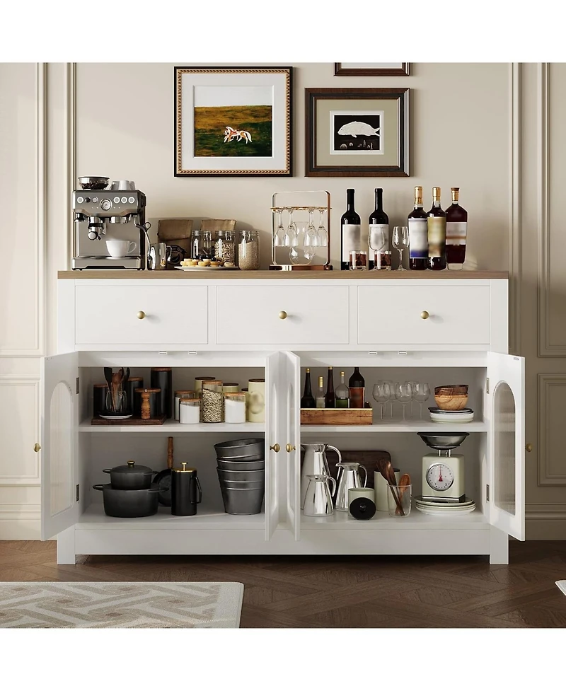 gaomon Farmhouse Large Buffet Sideboard Cabinet with Four Doors Three Drawers Adjustable Shelves and Fluted Acrylic Doors