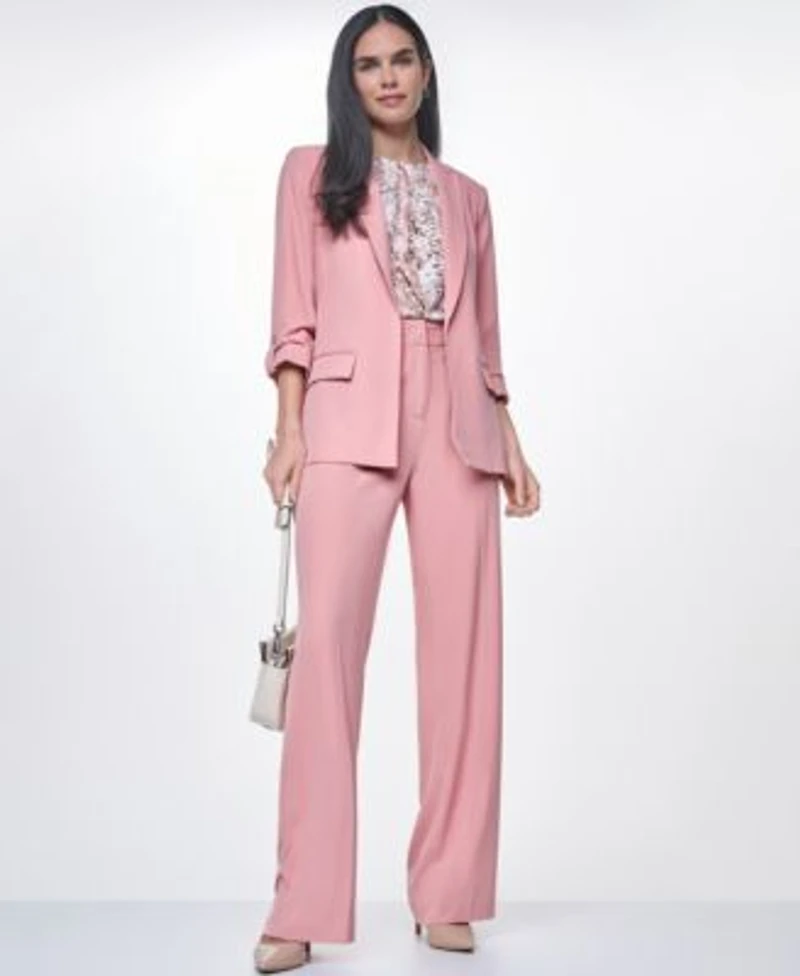 Calvin Klein Womens Notch Collar Long Sleeve Jacket Mid Rise Full Length Relaxed Pants Pleated Crewneck Sleeveless Top