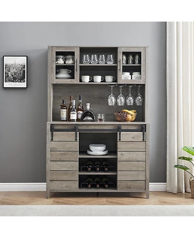 gaomon Tall Farmhouse Coffee Bar Cabinet, Kitchen Hutch Storage with Sliding Barn Door