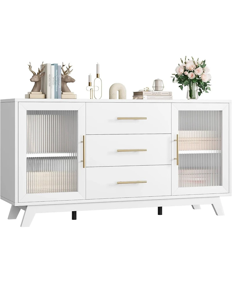 gaomon Modern Sideboard Buffet Cabinet with 3 Drawers Adjustable Shelves and Fluted Glass Doors