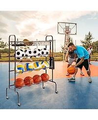 Mecale 4-Tier Rolling Basketball Rack with Wheels, Hooks & Baskets, Sports Equipment Storage Organizer for Garage, Balls & Gear