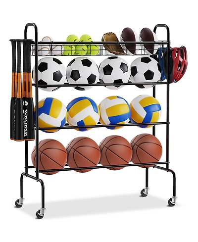 Mecale 4-Tier Rolling Basketball Rack with Wheels, Hooks & Baskets, Sports Equipment Storage Organizer for Garage, Balls & Gear