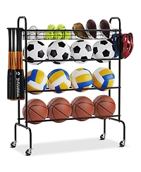 Mecale 4-Tier Rolling Basketball Rack with Wheels, Hooks & Baskets, Sports Equipment Storage Organizer for Garage, Balls & Gear