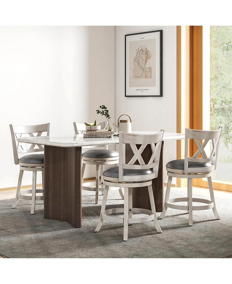 Gymax 25.5'' Swivel Bar Stools Set of 4 Solid Wood Stools w/ X-shaped Backrests Antique