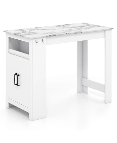 Sugift Faux Marble Bar Table with Hanging Hooks and Storage