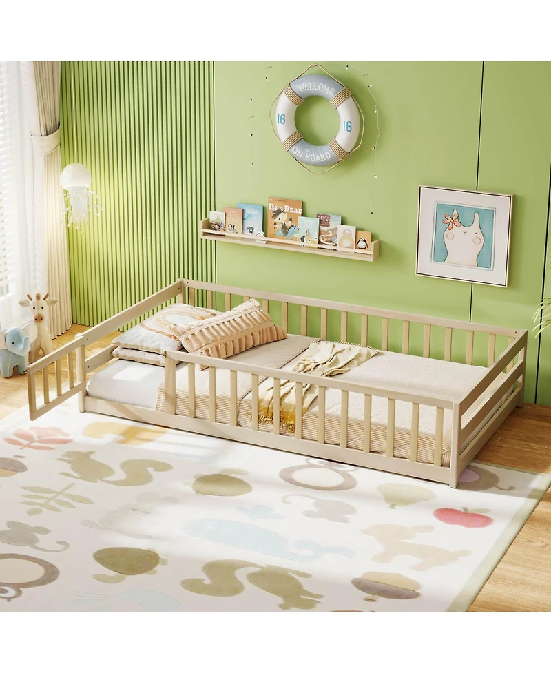 Costway Twin Size Floor Bed with Door & Fence with Safety Guardrails & Slats Support