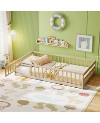 Costway Twin Size Floor Bed with Door & Fence with Safety Guardrails & Slats Support