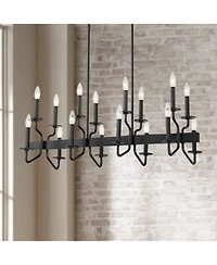 Franklin Iron Works Gloss Black Linear Pendant Chandelier Wide Modern 16-Light Fixture for Kitchen Island Dining Room Home
