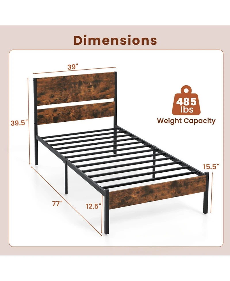 Gouun Twin Metal and Wood Platform Bed Frame with Headboard