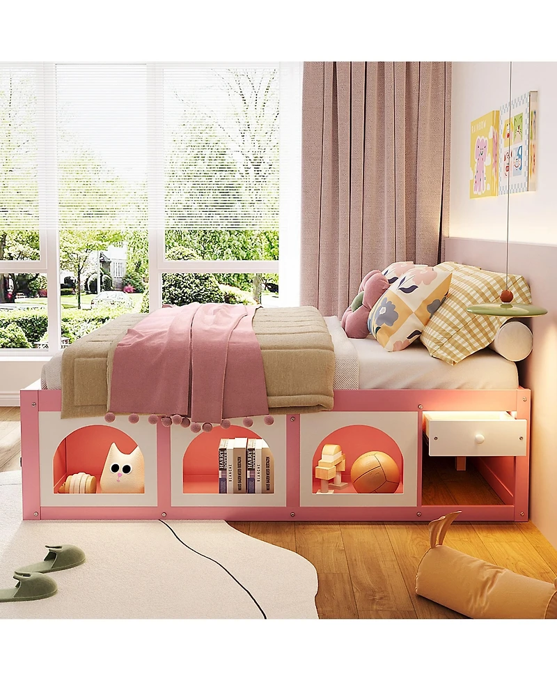 Rainsken Modern Wooden Full Size Platform Bed Frame for Kids Teens, Integrated with Bookshelf, Side Display Cabinet, Led Lighting and Storage Drawer