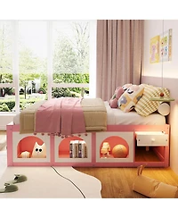 Rainsken Modern Wooden Full Size Platform Bed Frame for Kids Teens, Integrated with Bookshelf, Side Display Cabinet, Led Lighting and Storage Drawer