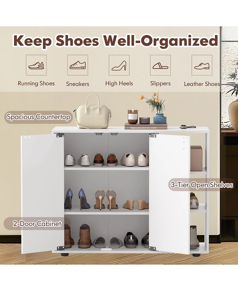 Sugift 3-Tier Shoe Cabinet with Doors with Adjustable Open Shelves for Entryway