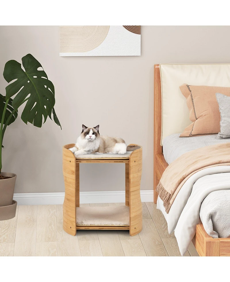 Cozito Cat Tree 2-Tier Small with Natural Bamboo Frame Dual Beds