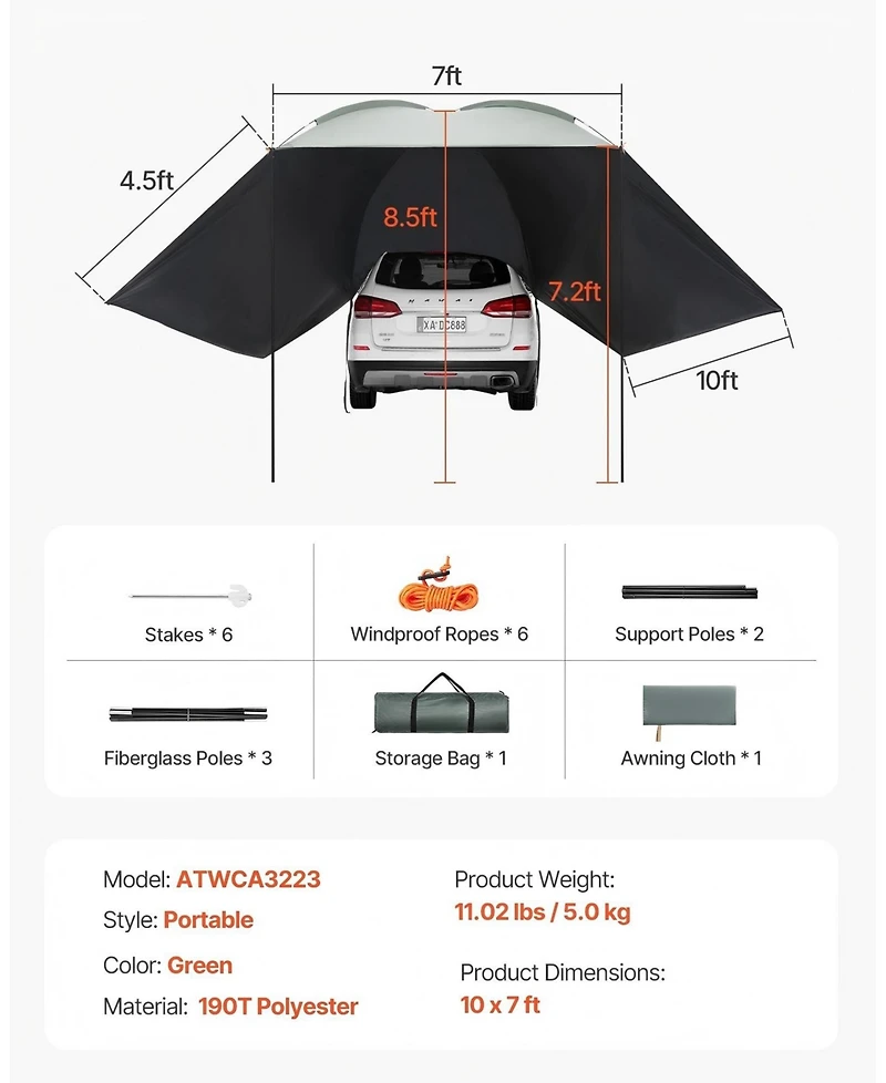 Gouun 10 x 7 ft Vehicle Side Awning with UV50 Plus Sun Protection