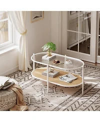 gaomon 2-Tier Rattan Coffee Table with Tempered Glass Top, Farmhouse Water-Wave Glass Metal Tea Center Tables Storage Shelf Decor