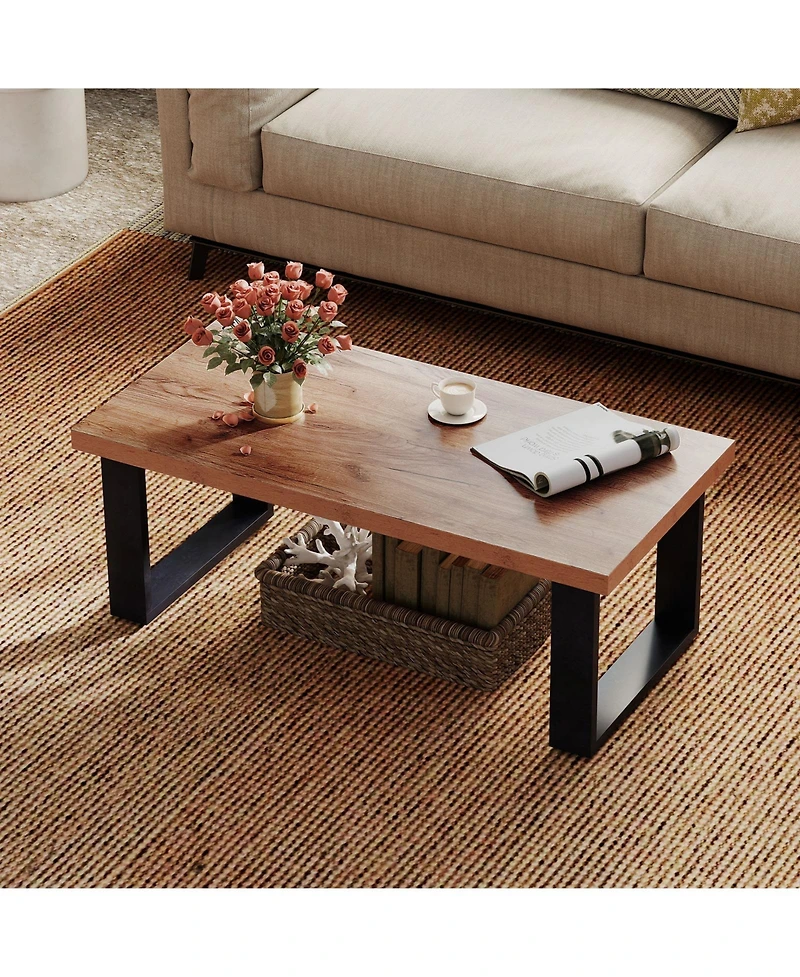 Sugift 47-inch Farmhouse Style Rustic Coffee Table with Thickened Tabletop and Natural Wood Texture