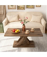 Sugift 37.5 Inch Rectangular Coffee Table with Stable Base and Rubber Wood Connection for Living Room