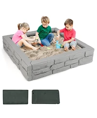 Costway Kids Sandbox with Cover Bottom Liner Backyard Beach Hdpe Sandpit for Outdoor Play