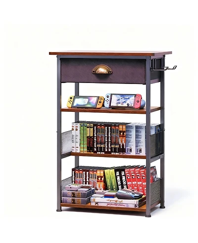 Yigii 4-Tier Media Stand with Drawer Game Console Shelf Audio Rack Tower with 2 Hooks