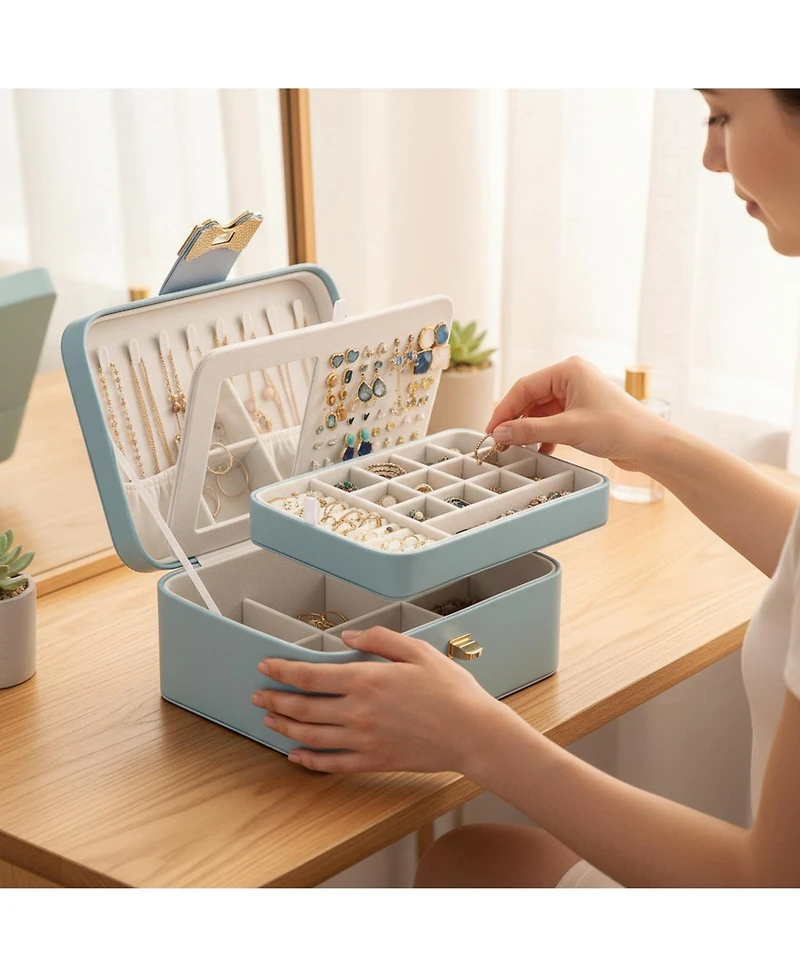 Yigii 2 Layer Jewelry Organizer Box with Bow Clasp Mirror Storage for Earrings Rings Necklaces Gift