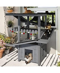 Aostirmotor Outdoor Cat House 4 Tiers, Weatherproof Cat Tree Tower with Waterproof Roof, Multi-Level Play Zones with Balcony and 2 Doors, Grey