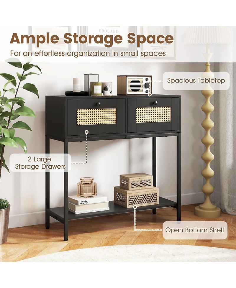 Slickblue Rattan Entryway Table with 2 Drawers and Open Shelf Storage