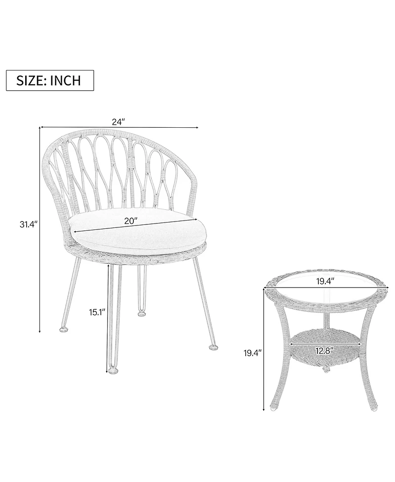 Rainsken Rattan Balcony Furniture Set of 3, Weather Resistant Wicker Bistro Chairs with Round Glass Table, Perfect for Patio, Backyard and Garden