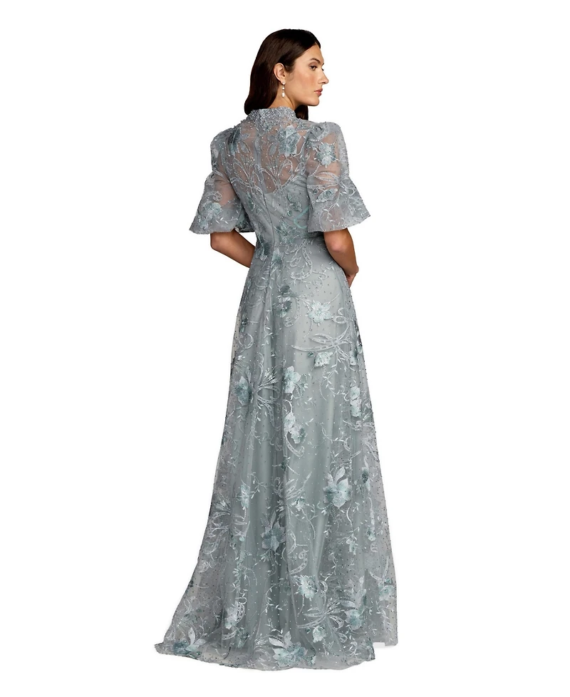 Mac Duggal Women's Embroidered Queen Anne Puff Sleeve A-Line Gown