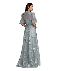 Mac Duggal Women's Embroidered Queen Anne Puff Sleeve A-Line Gown