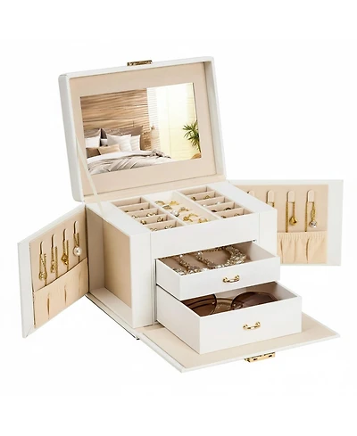 Yigii Lockable 3 Layer Jewelry Organizer with Mirror Drawers Necklace Earring Ring Storage for Women Dresser Gifts