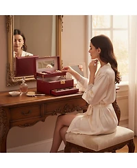 Yigii 3 Layers Leather Jewelry Storage Box with Lock Mirror Drawers for Necklaces Earrings Bracelets Rings