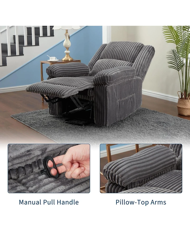 gaomon Corduroy Recliner Chair, Manual Sofa with Handle, Pillow Top Arms, Thick Padding, Side Pocket