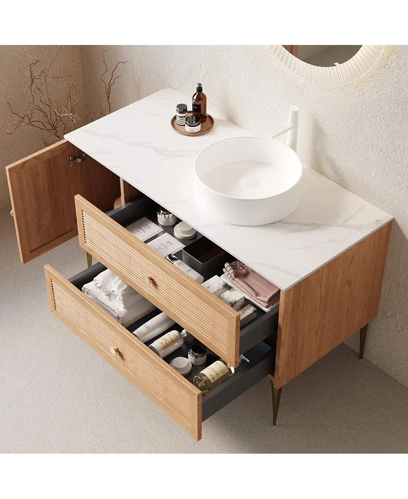 Sillysis Freestanding Bathroom Vanity with Round Ceramic Vessel Sink, Sintered Stone Top, Large Storage Drawers for Modern Spaces