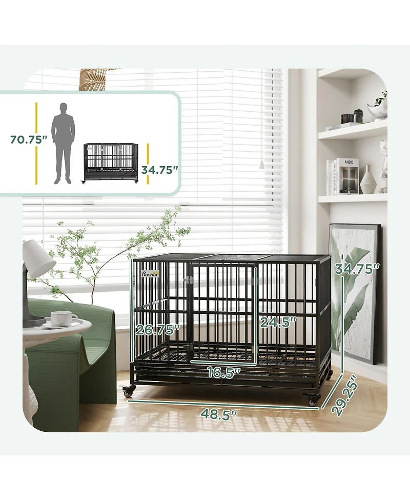 Aostirmotor 48" Heavy Duty Metal Dog Crate Kennel with Lockable Wheels, Double Door and Removable Tray