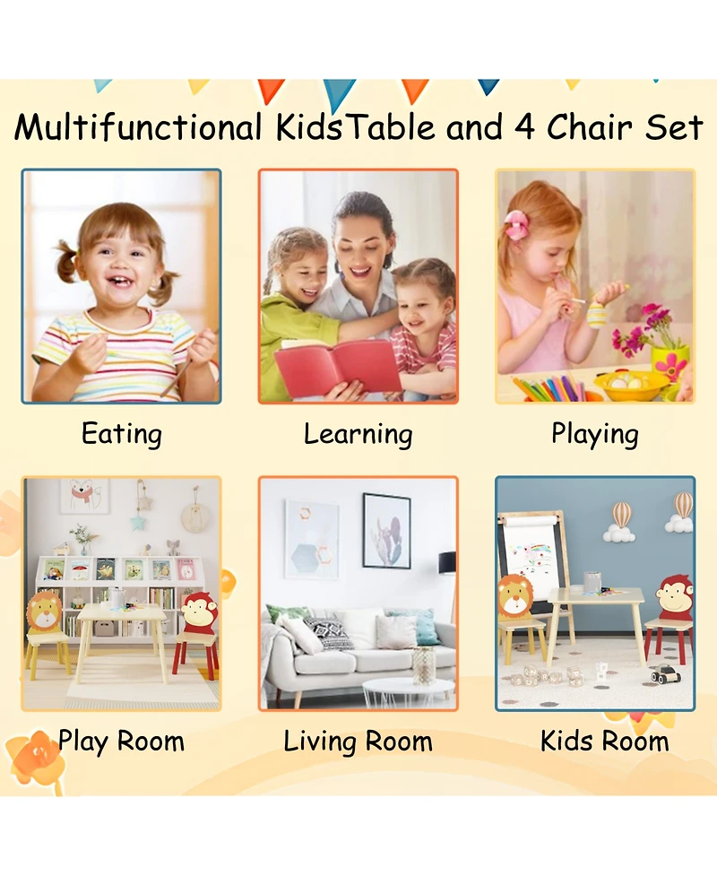 Rainsken 3 Piece Wood Table and Chair Set, w/ 2 LionandMonkey Animals Chairs, Wood Activity Tables Drawing Play Table Set, for Age 2-6 Boy Girl