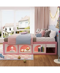 Rainsken Queen Modern Wooden Platform Bed for Kids and Teens, Space-Saving Storage Bed Frame with Bookshelf, Drawer and Led Lighted Display Cabinet