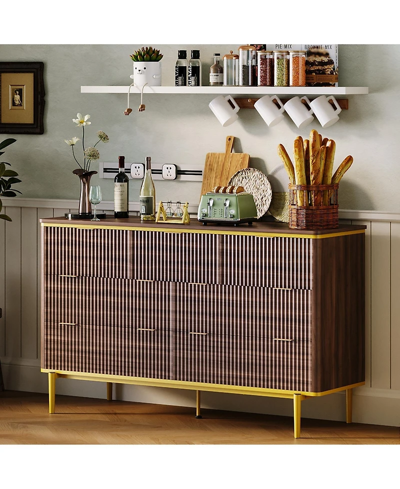 gaomon Bedroom 7-Drawer Dresser, 54in Wide Fluted Wood Chest with Curved Front, Gold Handles, Tv Stand Storage Cabinet.