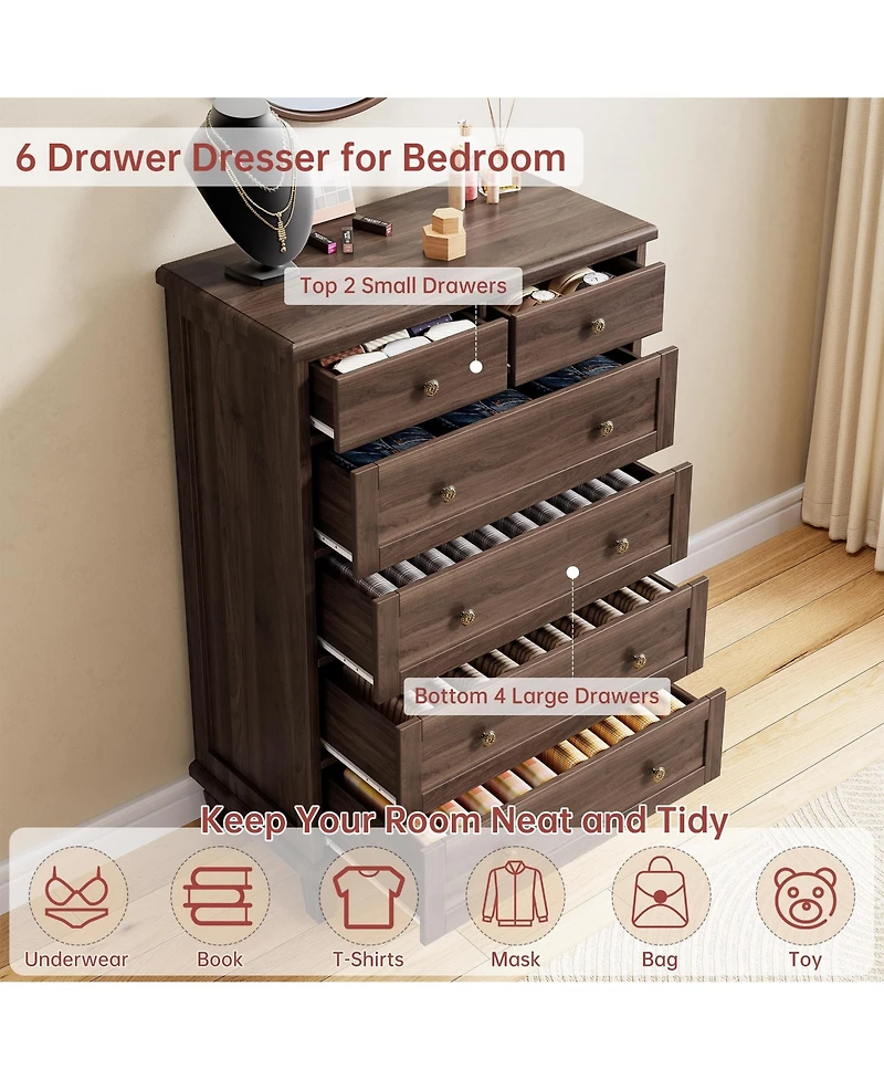 gaomon Bedroom 47" Tall 6 Drawer Dresser, Vintage Wood Chest of Drawers with Carved Handles.