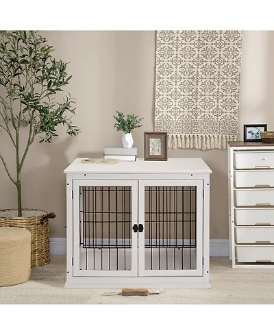 Aostirmotor Small Dog Crate Furniture End Table with Two Opening Sides and Lockable Door, Indoor Puppy Kennel, Pure White