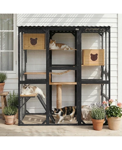 Aostirmotor Outdoor Wooden Catio, Fir Wood Cat Enclosure with Sleeping House and Jumping Platforms, Secure Cat Playpen, Black and Natural