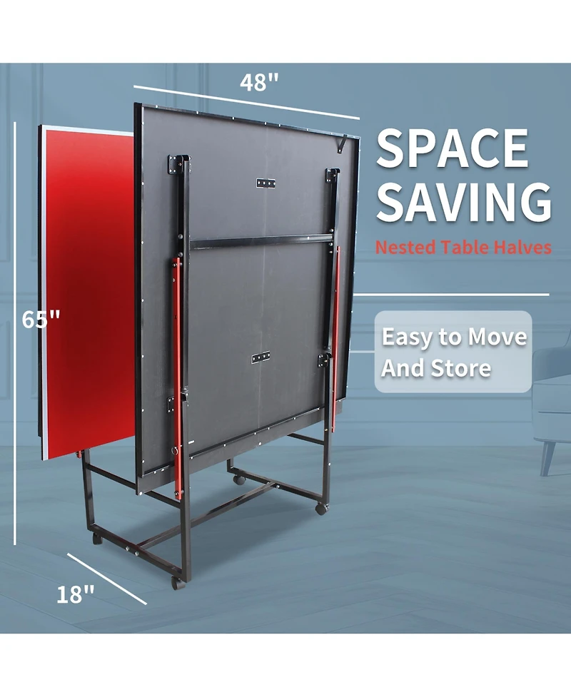 Rainsken Foldable Portable 8FT Table Tennis Table, All-Inclusive Family Ping Pong Set with Net, Dual Rackets and 3 Balls for Home Entertainment
