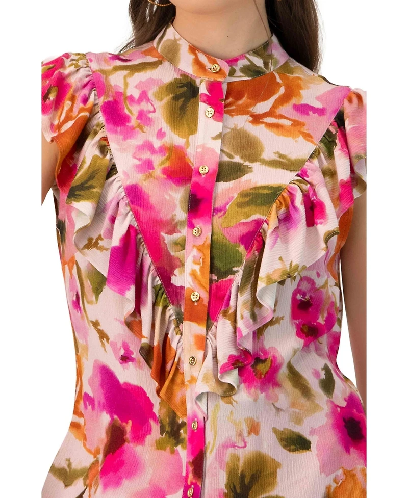 Ivonne Women's Sleeveless Floral Blouse with Ruffle Detail