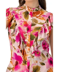 Ivonne Women's Sleeveless Floral Blouse with Ruffle Detail
