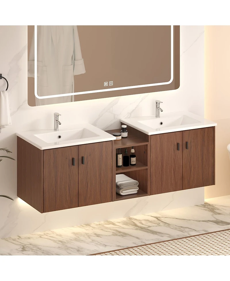 Sillysis 58 Inch Double Sink Wall Mounted Bathroom Vanity with Mdf Cabinet, Soft Close Doors and Storage Shelves, Modern Transitional Design-Sillysis