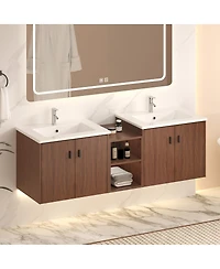 Sillysis 58 Inch Double Sink Wall Mounted Bathroom Vanity with Mdf Cabinet, Soft Close Doors and Storage Shelves, Modern Transitional Design-Sillysis