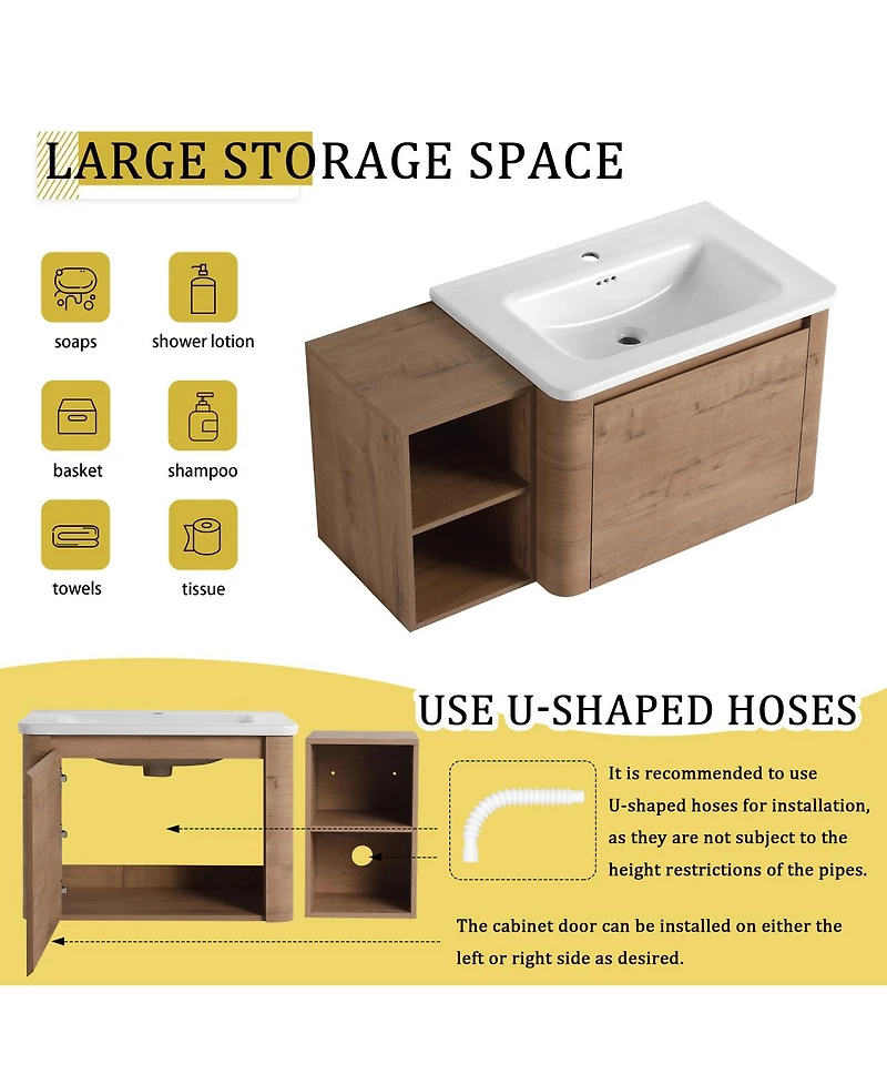 Sillysis Inch Wall Mounted Bathroom Vanity with Ceramic Sink, Storage Shelves